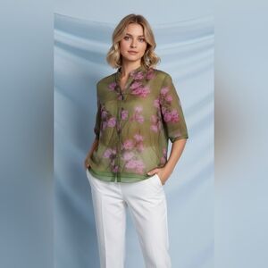 Floral Green and Pink Sheer Blouse SIZE XXL